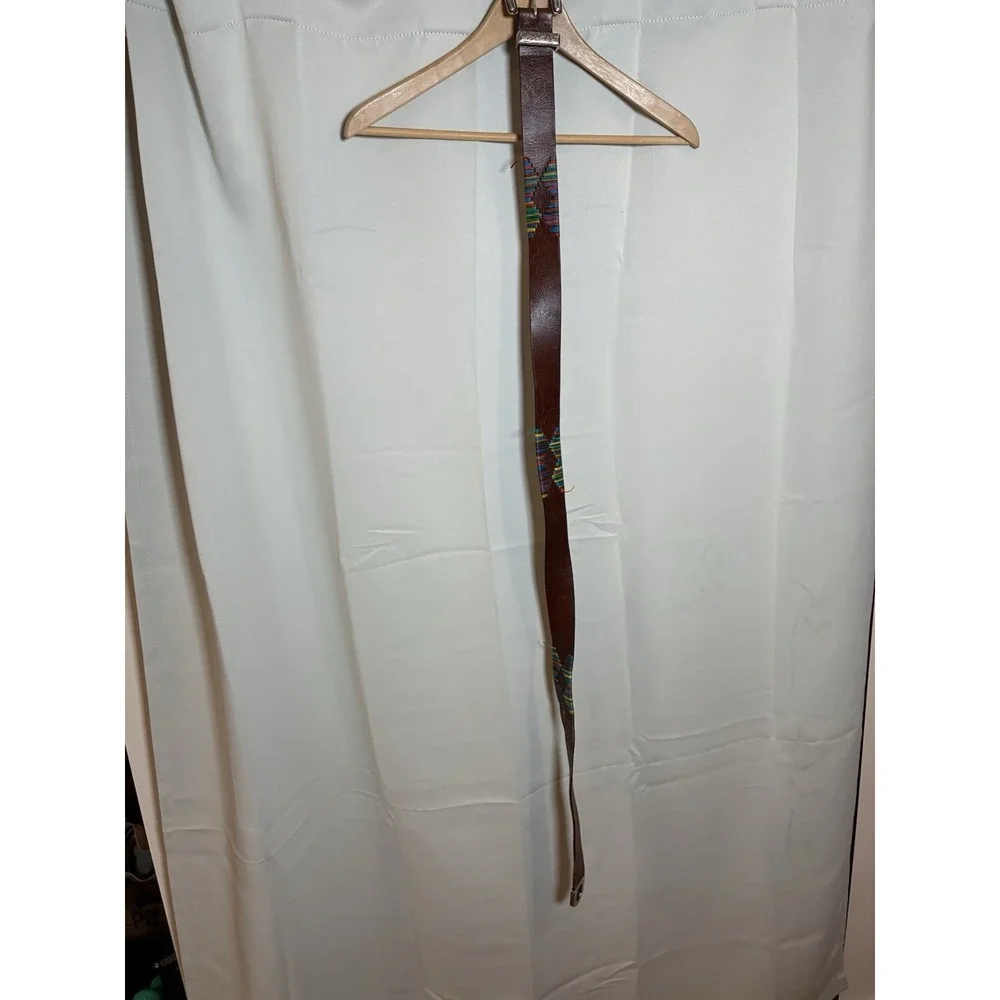 Robert Graham Brown Leather Belt Sz 44/46 KWT Paisley‎ Buckle Multicolor Stitch